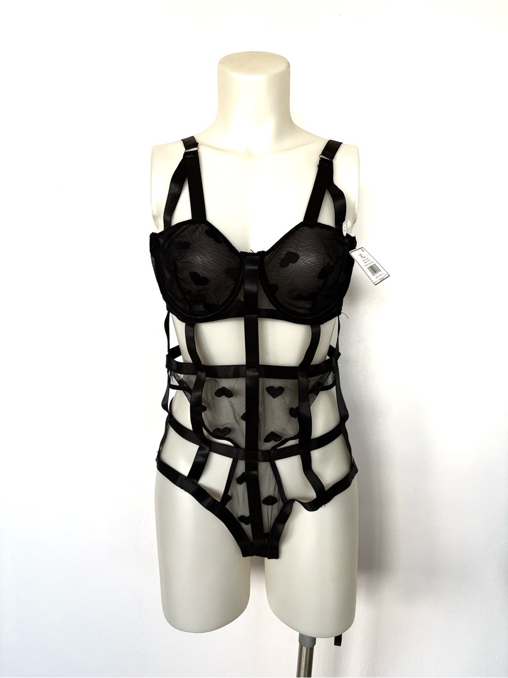 Black Sheer Heart Harness Bodysuit Size XL